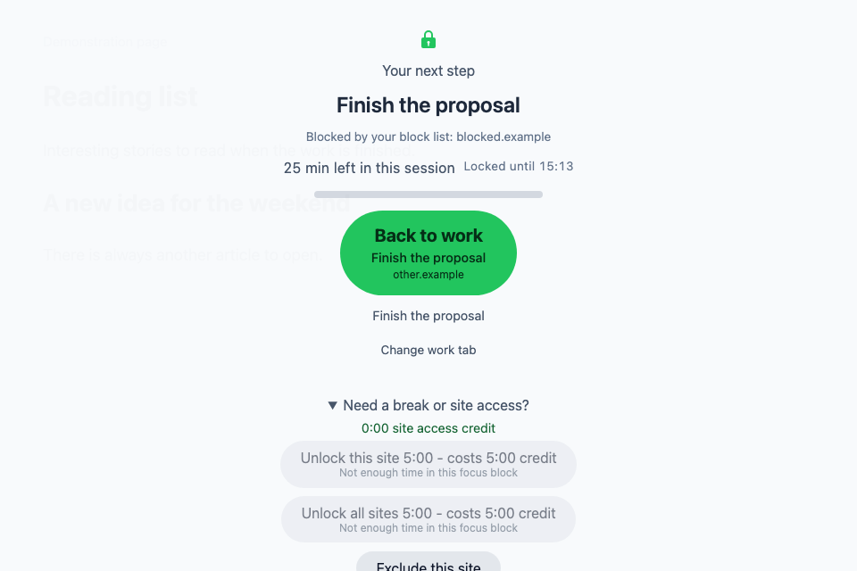 A blocked page keeps Finish the proposal visible, with a Back to work button pointing to the work tab.