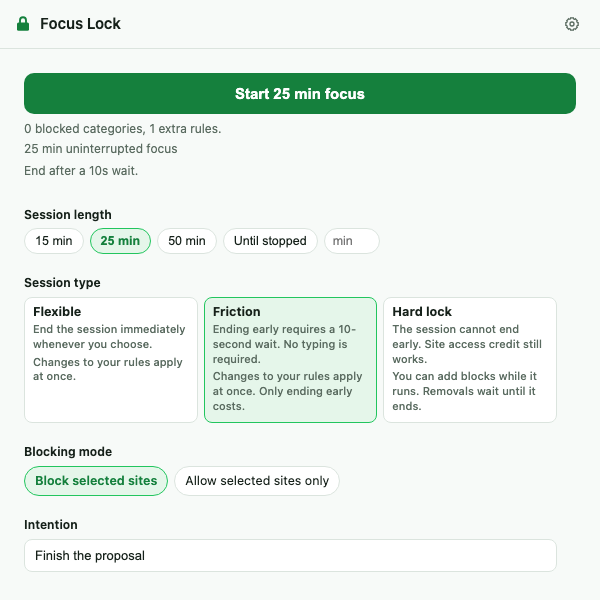 Focus Lock session controls with the task Finish the proposal, a focus duration and the work tab it returns to.